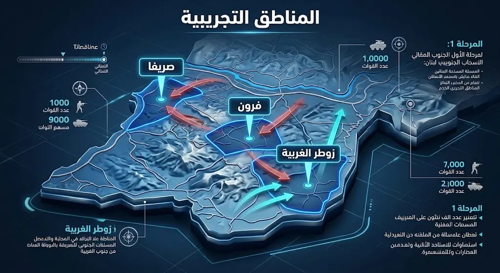 خريطة إنفوجرافيك توضح القرى الثلاث في جنوب لبنان المشمولة في المرحلة الأولى للانسحاب: فرون، صريفا، وزوطر الغربية.