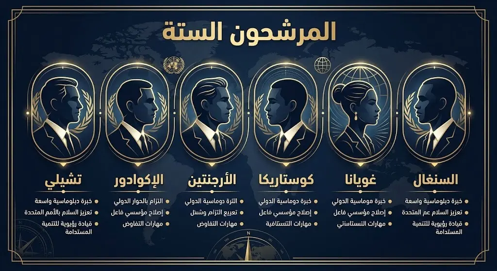 إنفوجرافيك يوضح أسماء ودول المرشحين الستة البارزين لتولي منصب الأمين العام للأمم المتحدة.
