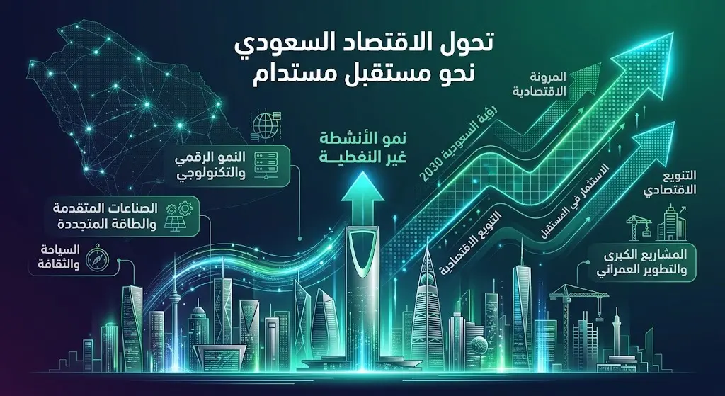 تصميم إبداعي يعبر عن المرونة الاقتصادية للسعودية واستقرار الأنشطة غير النفطية بفضل إصلاحات رؤية 2030.