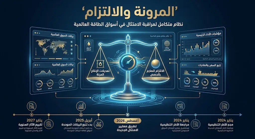 تصميم مفاهيمي يبرز أهمية المرونة والالتزام في موازنة أسواق الطاقة وفق مقررات أوبك بلس.