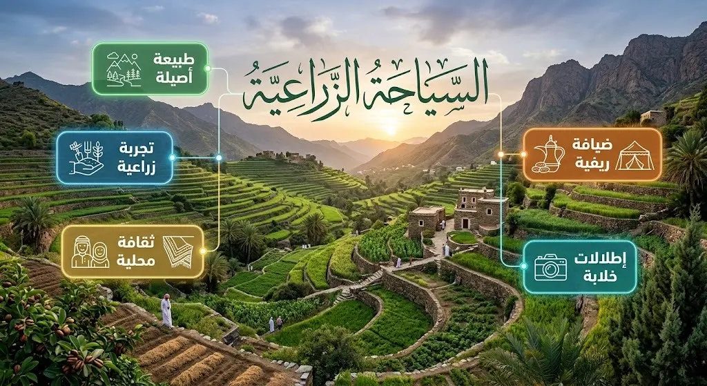 مشهد جمالي للمدرجات الزراعية الخضراء في الباحة مع تصميم إنفوجرافيك يبرز تجربة السياحة الزراعية والضيافة الريفية.