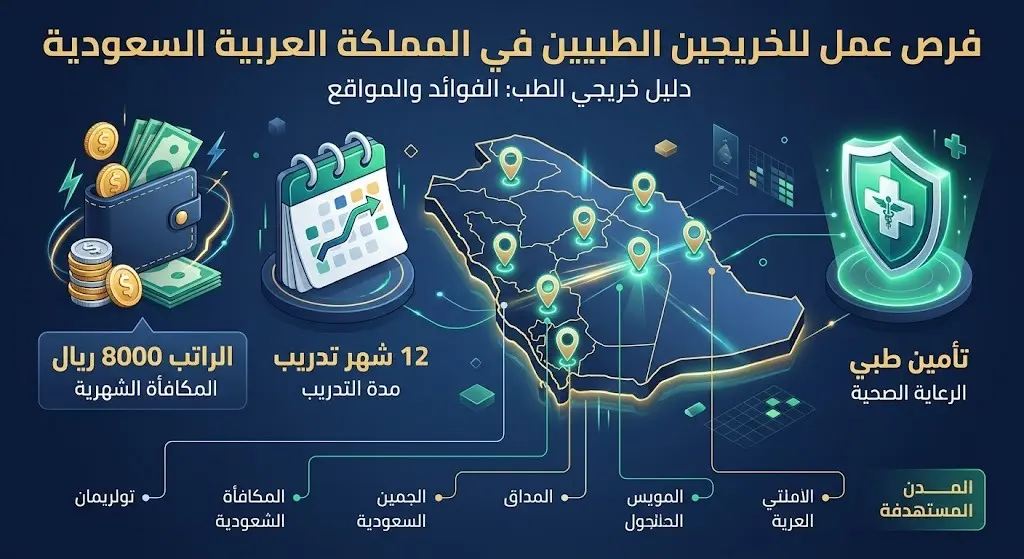 تصميم مرئي يعرض المزايا المالية للبرامج مثل الرواتب التي تصل إلى 8000 ريال والتأمين الطبي، مع خريطة توضح المدن السبع المخصصة للتوظيف.