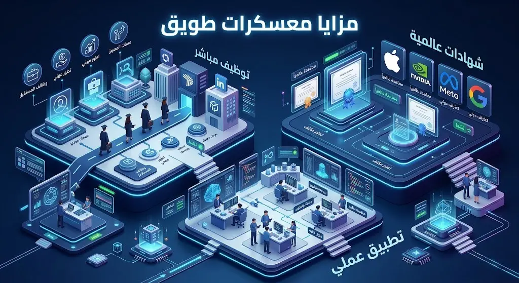 إنفوجرافيك احترافي يستعرض المزايا المكتسبة لمتدربي أكاديمية طويق شاملة التوظيف المباشر والتطبيق العملي والشهادات العالمية.