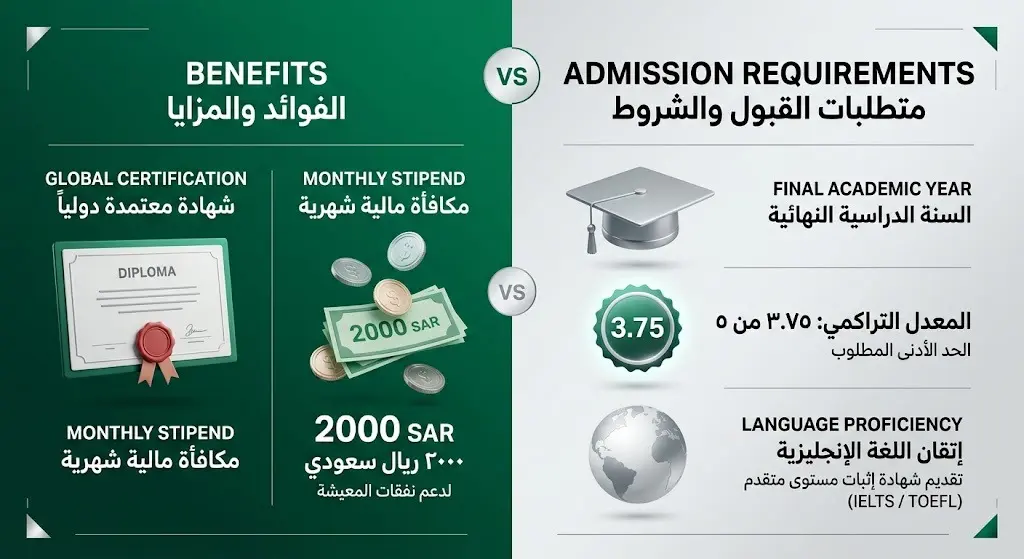 تصميم مقارنة بصري يوضح المزايا المقدمة للمتدربين مثل المكافأة المالية والشهادة، مقابل شروط القبول كالمعدل التراكمي.
