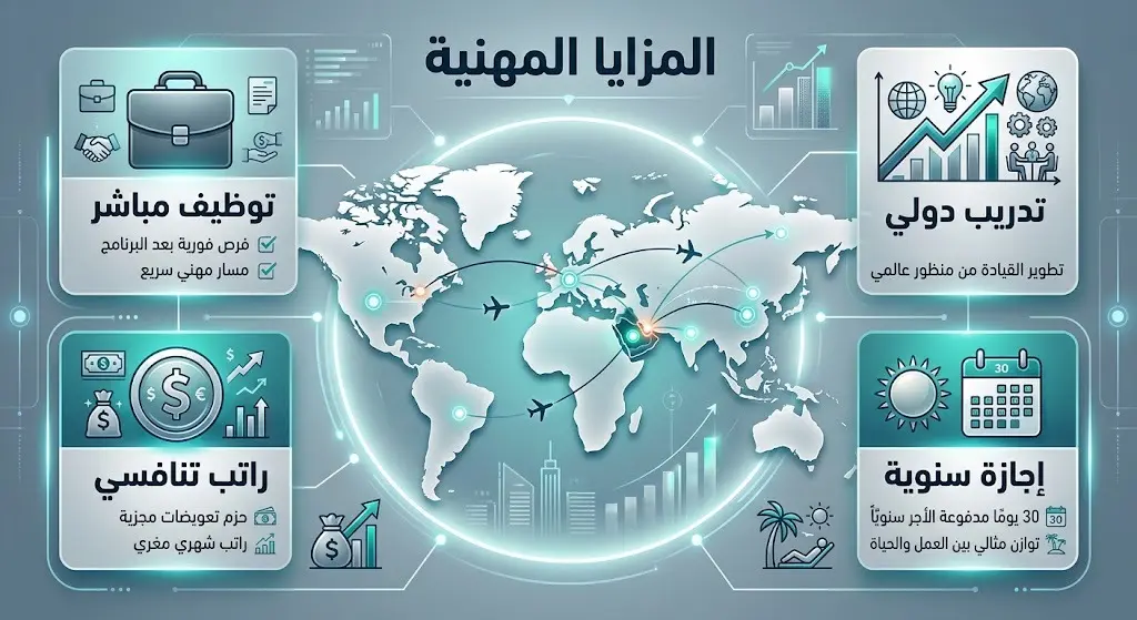 تصميم بصري يستعرض مزايا البرنامج من توظيف مباشر، رواتب تنافسية، مسار قيادي، وتدريب دولي في أوروبا والخليج.
