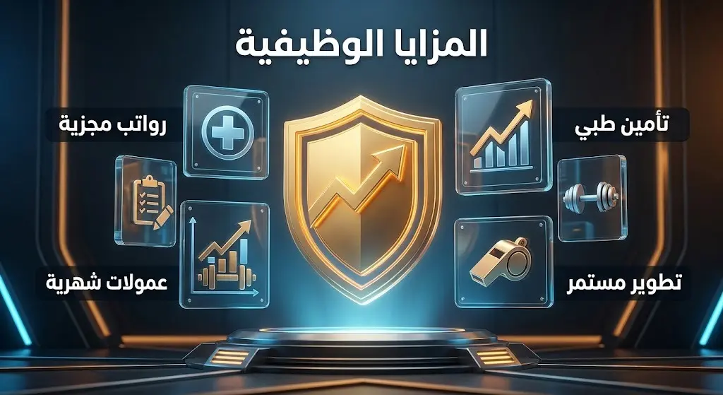 تصميم ثلاثي الأبعاد يستعرض المزايا الوظيفية المقدمة للمدربين من رواتب وعمولات وتأمين طبي.