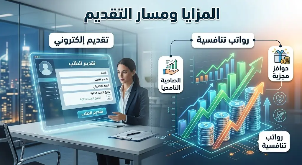 تصميم بصري يستعرض المزايا الوظيفية التي تشمل الرواتب التنافسية والحوافز المالية، بالإضافة إلى توضيح مسار التقديم الإلكتروني.