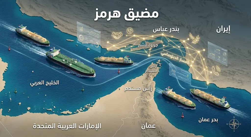 تصميم بصري يدمج بين خريطة ثلاثية الأبعاد لمضيق هرمز ورموز الدبلوماسية ليوضح تأثير المفاوضات على حركة الملاحة