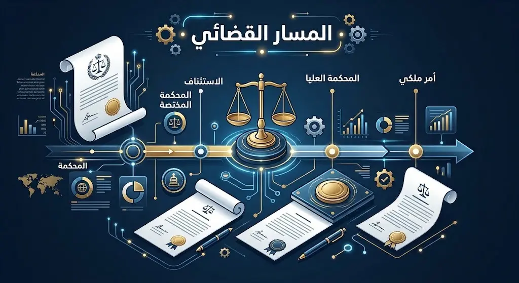 إنفوجرافيك يوضح مراحل المسار القضائي لمرتكبي جرائم المخدرات بدءاً من المحكمة المختصة وصولاً لصدور الأمر الملكي بتنفيذ الحكم