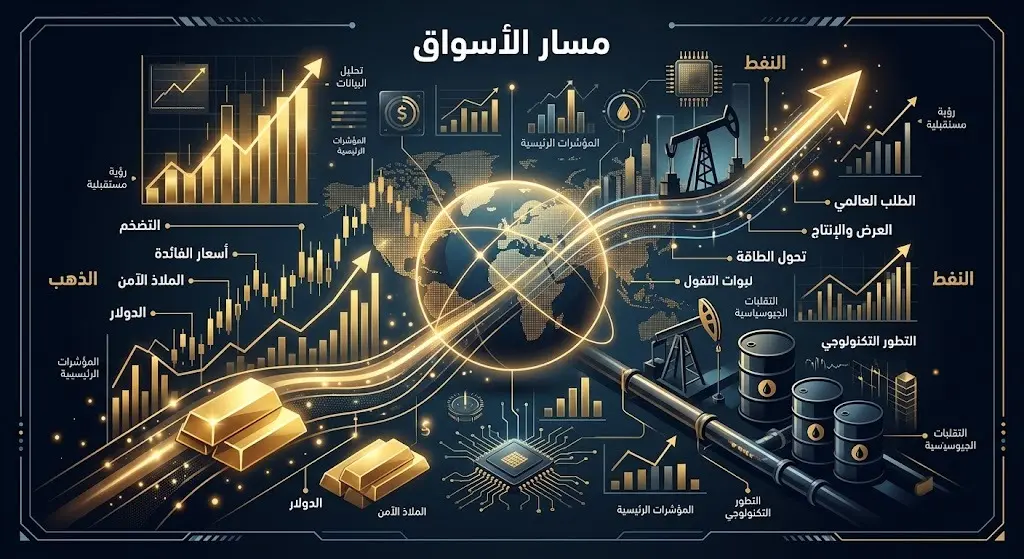 تصميم تعبيري يوضح تأثير أسعار النفط والتوترات الجيوسياسية على مسار الذهب العالمي