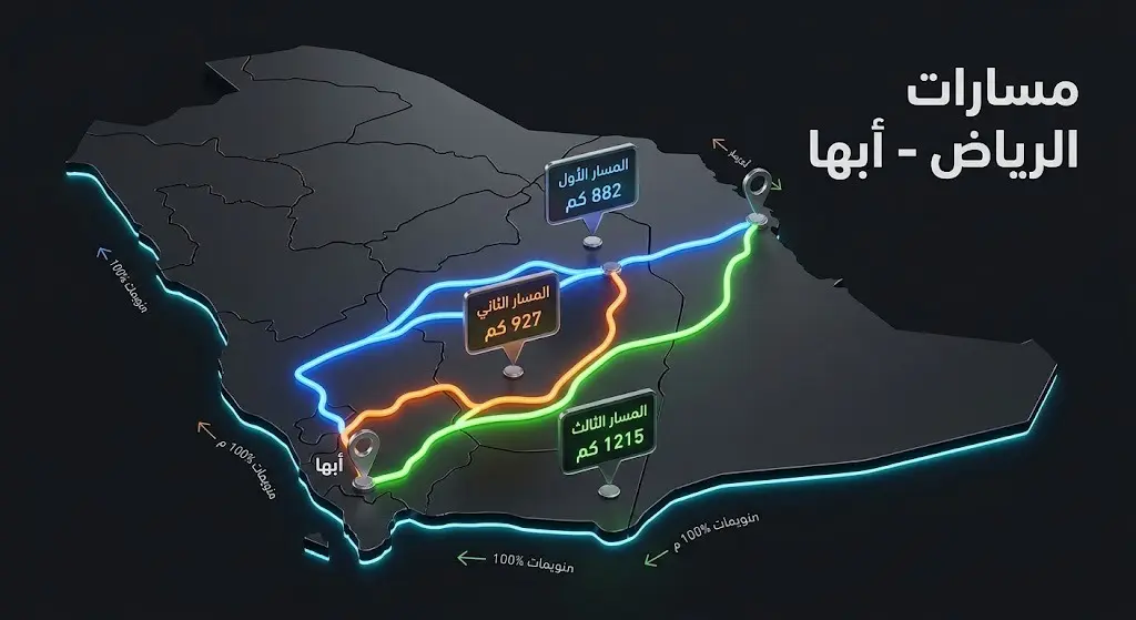 خريطة إنفوجرافيك ثلاثية الأبعاد توضح المسارات البرية الثلاثة للرحلة من الرياض إلى أبها مع تفاصيل المسافة لكل مسار.