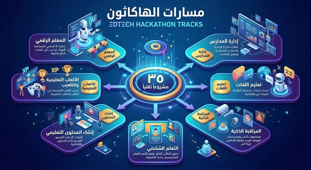 إنفوجرافيك يستعرض المسارات السبعة التنافسية لـ 35 مشروعاً في هاكاثون تقنيات التعليم، تشمل المعلم الرقمي، أدوات التقييم، وإدارة المدارس، بتصميم عصري ثلاثي الأبعاد.