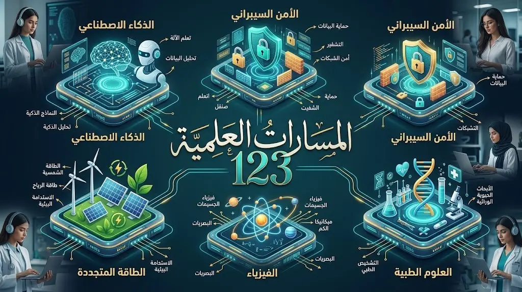 إنفوجرافيك إبداعي يوضح المسارات العلمية الخمسة للبرنامج الإثرائي الصيفي وعدد الطالبات المشاركات 123 طالبة.