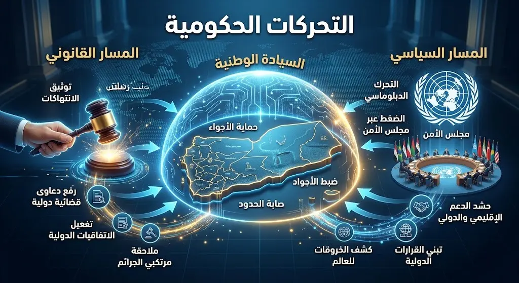 إنفوجرافيك تعبيري يوضح المسارات القانونية والسياسية للحكومة اليمنية وتوجهها لمجلس الأمن الدولي لحماية السيادة الوطنية.
