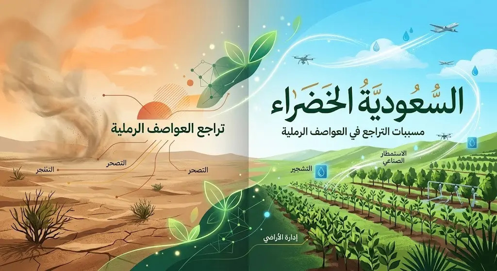 تصميم فني إبداعي يدمج بين تراجع موجات الغبار وازدهار الغطاء النباتي والمبادرات البيئية مثل استمطار السحب ومبادرة السعودية الخضراء.