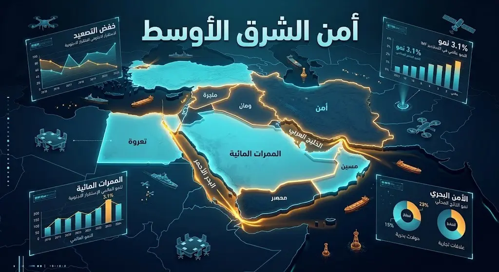 تصميم بياني يوضح مساعي خفض التصعيد في الشرق الأوسط وتأثير استقرار الممرات المائية على الاقتصاد العالمي.