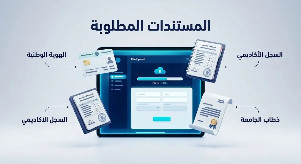 تصميم إبداعي ثلاثي الأبعاد يعرض المستندات المطلوبة للتقديم عبر واجهة إلكترونية تشمل الهوية، السجل الأكاديمي، وخطاب الجامعة.