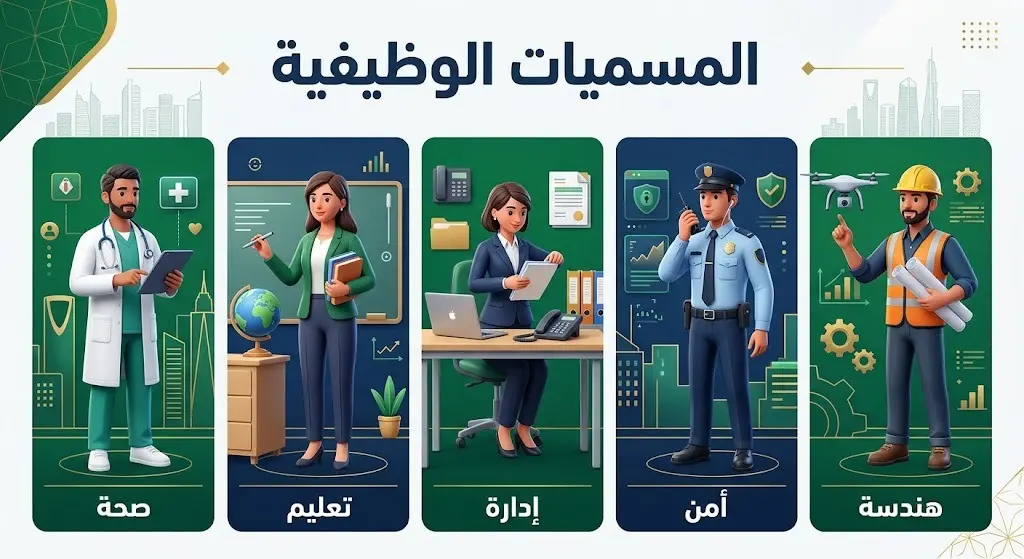 إنفوجرافيك يستعرض المسميات الوظيفية المتنوعة المتاحة في إعلان جدارات للتوظيف، تشمل قطاعات الصحة والتعليم والأمن والإدارة.