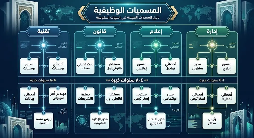 إنفوجرافيك يوضح المسميات الوظيفية المتاحة في هيئة الزكاة والضريبة والجمارك وتصنيفاتها بين التقنية والقانونية والإدارية مع شرط الخبرة.