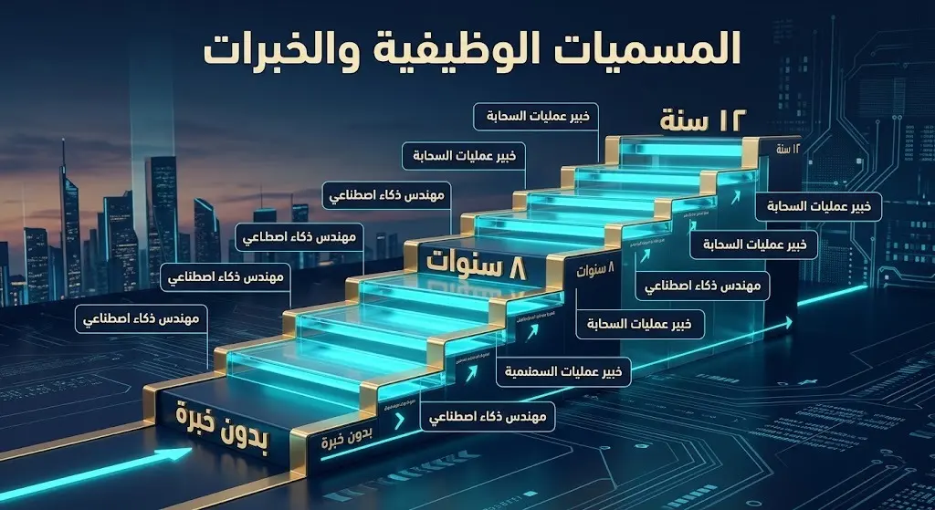 إنفوجرافيك يوضح المسميات الوظيفية الشاغرة في أرامكو الرقمية والخبرات المطلوبة لكل وظيفة بدءاً من حديثي التخرج وحتى 12 عاماً فما فوق.
