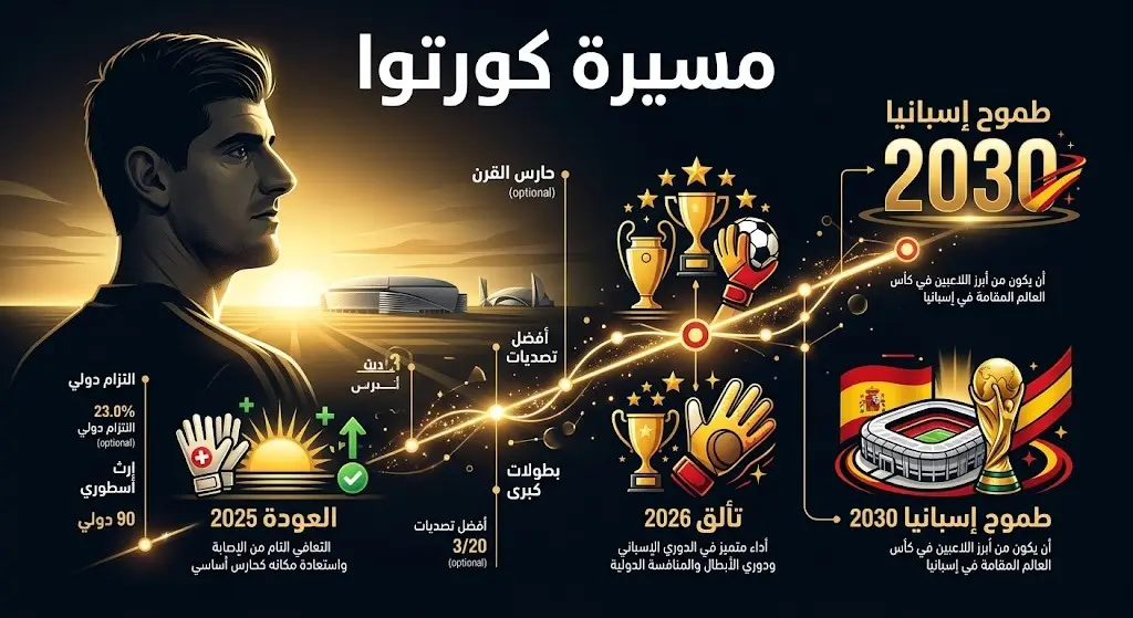 إنفوجرافيك زمني يستعرض أبرز محطات كورتوا الدولية ومستقبله حتى مونديال إسبانيا.