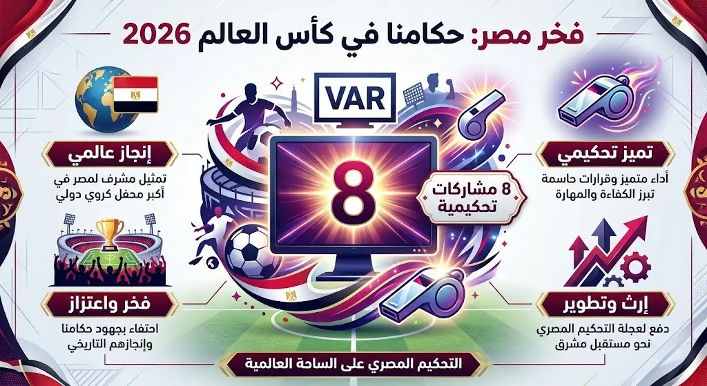 تصميم استعراضي يبرز المشاركة التحكيمية المصرية في كأس العالم 2026 وإنجاز الحكم محمود عاشور كأكثر الحكام تواجداً في تقنية الفيديو.