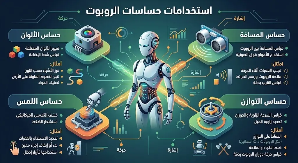 إنفوجرافيك احترافي يوضح حساسات الروبوت الأربعة: الألوان، اللمس، المسافة، والتوازن مع توضيح وظائفها
