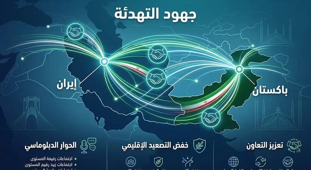 رسم معلوماتي يعبر عن الاتصال الدبلوماسي بين إيران وباكستان ضمن مساعي التهدئة الإقليمية.