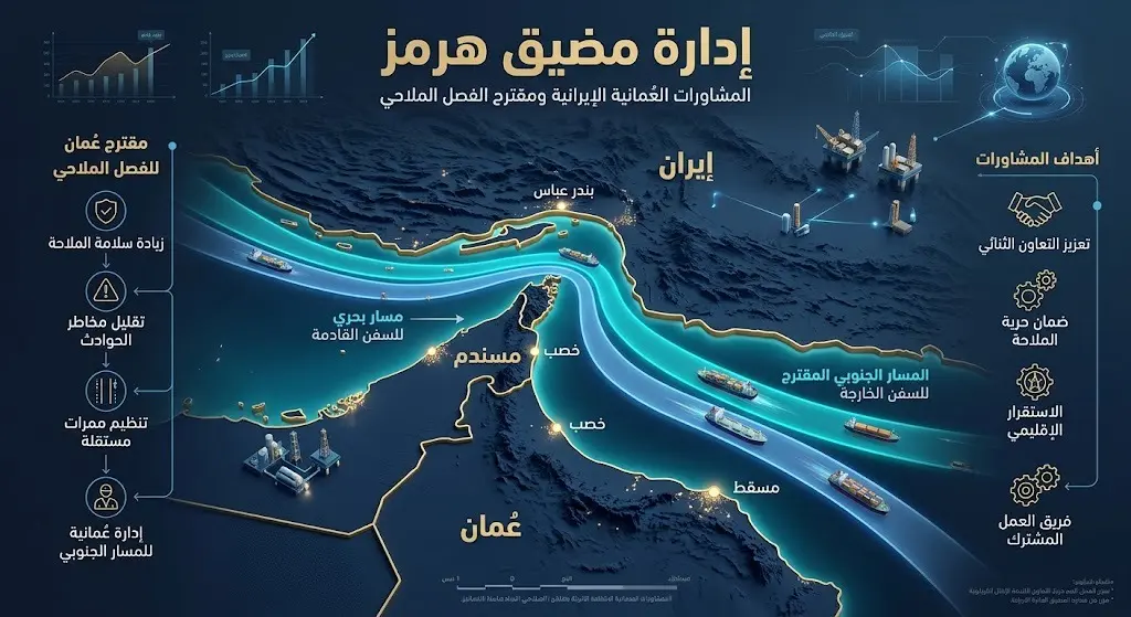 خريطة إنفوجرافيك توضح مضيق هرمز والمسارات البحرية المقترحة بين إيران وسلطنة عُمان.