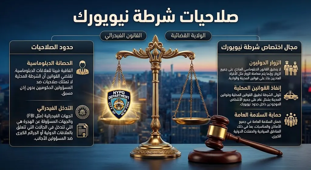 تصميم غرافيكي يصور ميزان العدالة وشارة شرطة نيويورك أمام أفق المدينة، مع نصوص عربية توضح التداخل بين القوانين المحلية والفيدرالية.