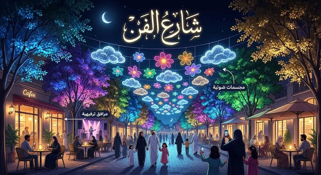 لوحة فنية ليلية لشارع الفن في أبها تبرز المجسمات الضوئية المعلقة على شكل غيوم وزهور وأشجار مضيئة وزوار يستمتعون بالمقاهي والمرافق الترفيهية.