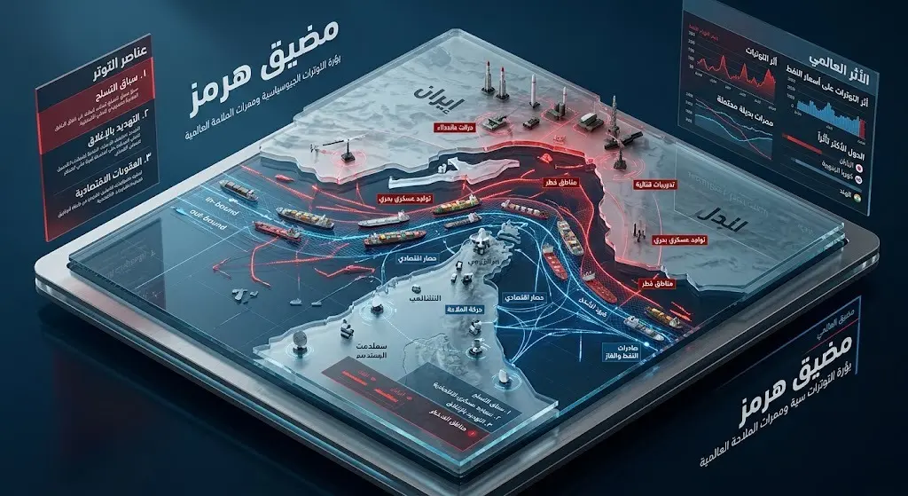 خريطة إنفوجرافيك ثلاثية الأبعاد توضح التوترات الميدانية في مضيق هرمز وتأثير الحصار الاقتصادي على حركة الملاحة الإقليمية.