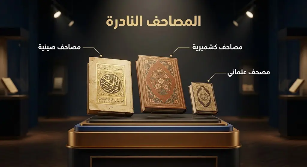 تصميم بصري يستعرض مصاحف تاريخية نادرة صينية وكشميرية وعثمانية مزينة بزخارف ذهبية دقيقة.