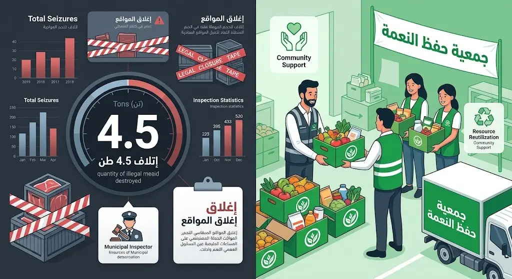إنفوجرافيك يستعرض إتلاف 4.5 أطنان من اللحوم مجهولة المصدر، وإغلاق المواقع، مع تسليم الأغذية الصالحة لجمعية استدامة.