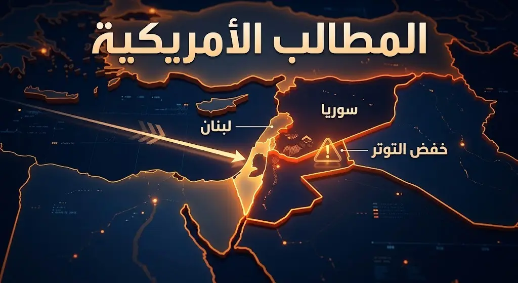 إنفوجرافيك تعبيري يوضح الضغوط الأمريكية على إسرائيل لخفض التوتر والانسحاب من سوريا ولبنان مع خريطة للمنطقة.