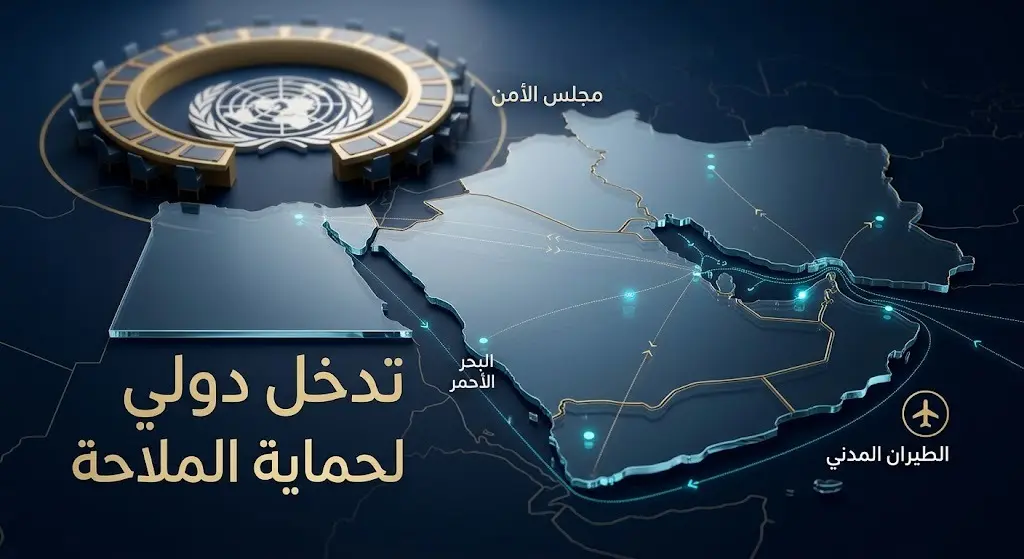 تصميم إخباري يدمج خريطة إقليمية مع شعار مجلس الأمن، يبرز أهمية التدخل الدولي لحماية الملاحة البحرية والطيران المدني.