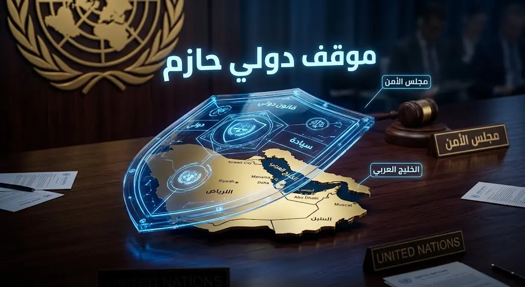 تصميم فني يجسد المطالبة بموقف حازم من مجلس الأمن لحماية أمن الخليج عبر درع دبلوماسي.