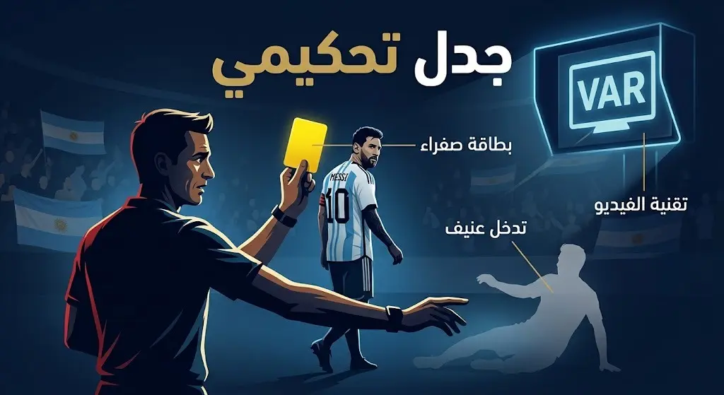 إنفوجرافيك تعبيري يجسد الجدل التحكيمي حول لقطة تدخل ليونيل ميسي ضد لاعب الجزائر والاكتفاء بالبطاقة الصفراء.