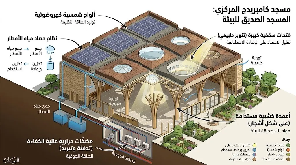 إنفوجرافيك يوضح المعايير البيئية والتجهيزات المستدامة في مسجد كامبريدج المركزي مثل الألواح الشمسية ونظام جمع مياه الأمطار.