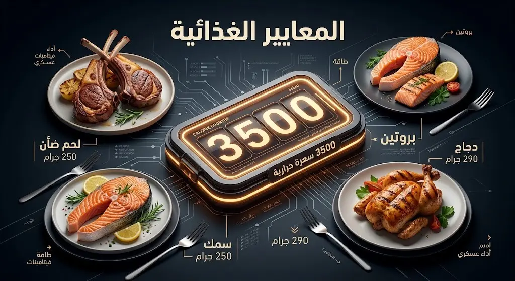 تصميم بياني يستعرض المعايير الغذائية للعاملين في القطاعات العسكرية، موضحاً السعرات الحرارية وكميات اللحوم والدواجن والأسماك المقررة.