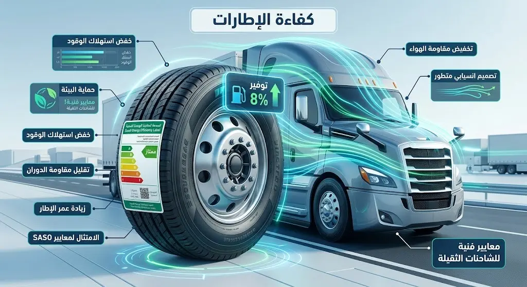 تصميم إنفوجرافيك يبرز أهمية اختيار إطارات الشاحنات بناءً على بطاقة كفاءة الطاقة واستخدام المصدات الهوائية.