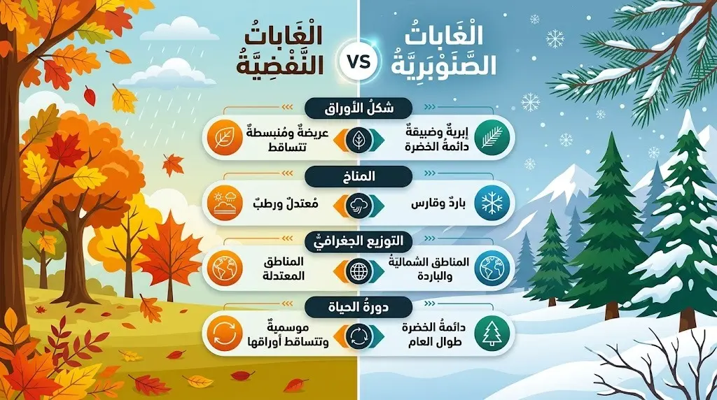 إنفوجرافيك مقارنة يوضح الفروق البيئية والشكلية بين الغابات النفضية والغابات الصنوبرية.