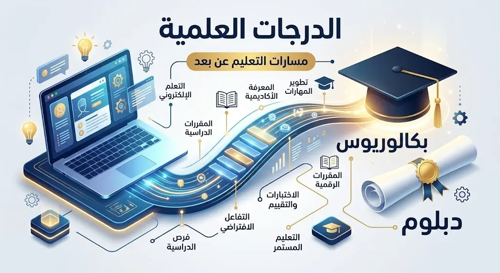 إنفوجرافيك يوضح مسار التعليم عن بعد في الجامعة للحصول على درجتي الدبلوم والبكالوريوس