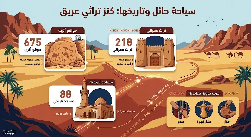 إنفوجرافيك يستعرض إحصائيات المواقع الأثرية والتراثية والمساجد التاريخية في منطقة حائل.
