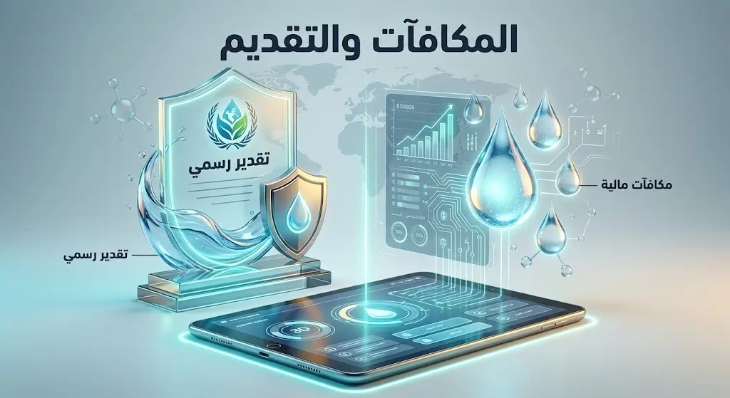 تصميم تعبيري يبرز المكافآت المالية للأفراد والتقدير الرسمي للجهات الفائزة بجائزة مائي مع إشارة للتقديم الرقمي.