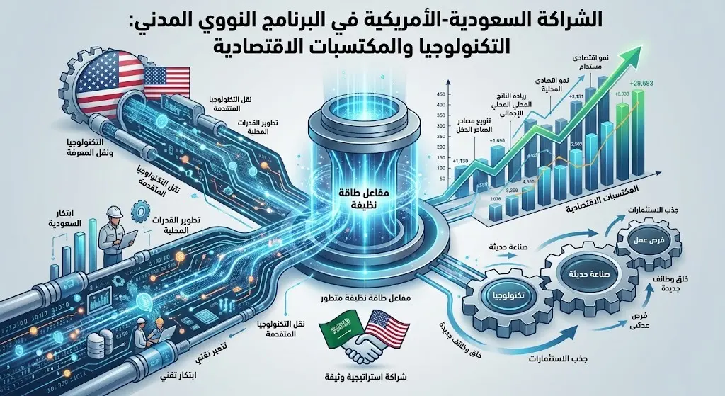 تصميم إنفوجرافيك يوضح المكتسبات الاقتصادية من الشراكة النووية المدنية بين السعودية وأمريكا، مع إبراز رموز نقل التكنولوجيا والنمو الاقتصادي.