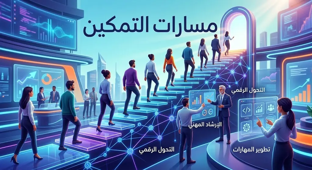 تصميم مرئي يعبر عن المكتسبات المهنية ومسارات التمكين وبناء العلاقات في بيئة العمل الرقمية.