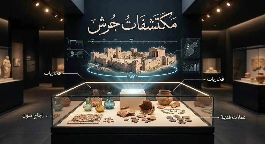 صورة تبرز عرضاً متحفياً حديثاً يضم قطعاً أثرية من جرش كالفخاريات والزجاج الملون مع تقنية عرض هولوغرام بانورامية ثلاثية الأبعاد.
