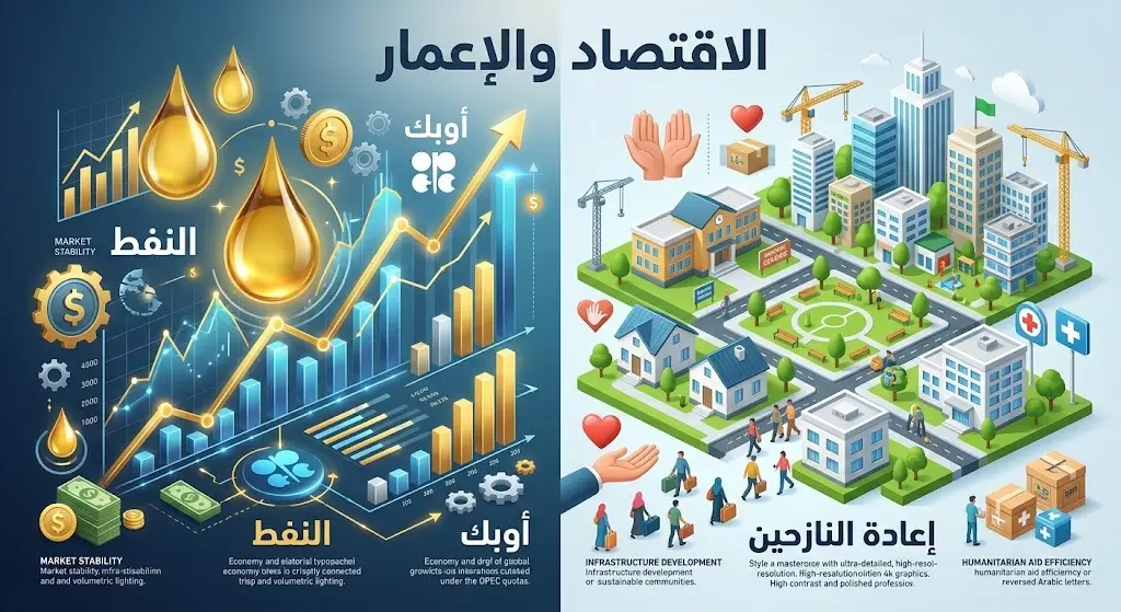 رسم بياني وتعبيري يوضح التوازن بين المطالبة بحصة العراق النفطية في أوبك وجهود إعادة الإعمار وإعادة النازحين.