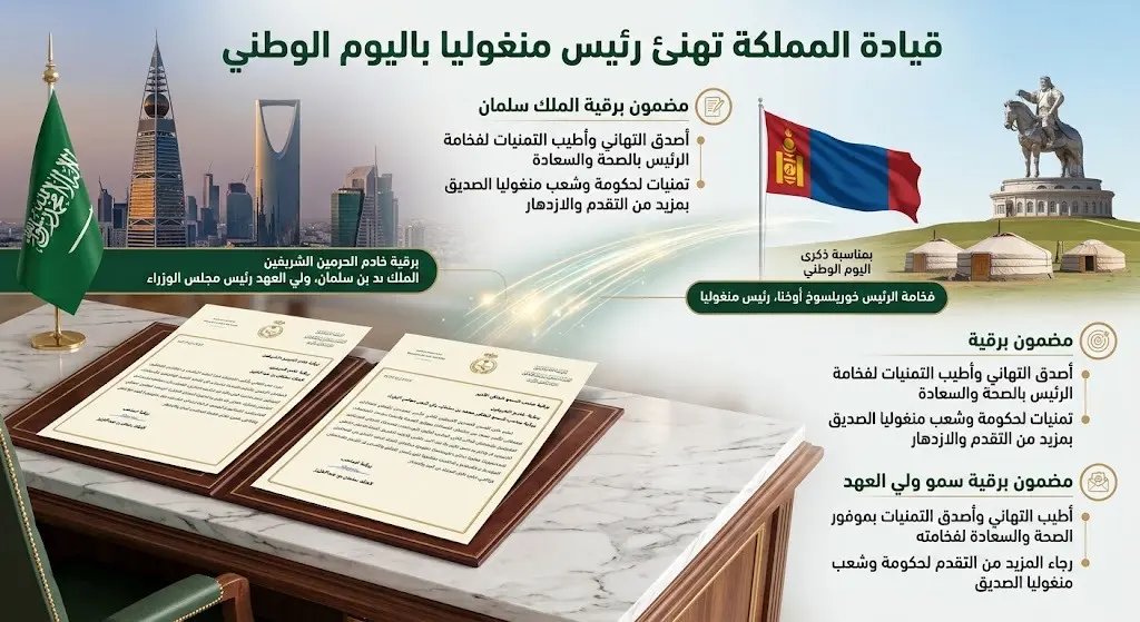 الملك سلمان وولي العهد يبعثان برقيتي تهنئة لرئيس منغوليا في اليوم الوطني